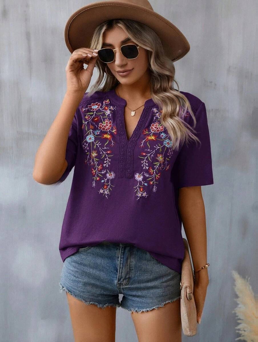 Flowers Embroidery Short Sleeve