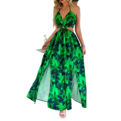 Floral Print Halter V-neck Backless