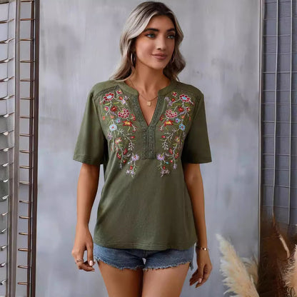 Flowers Embroidery Short Sleeve