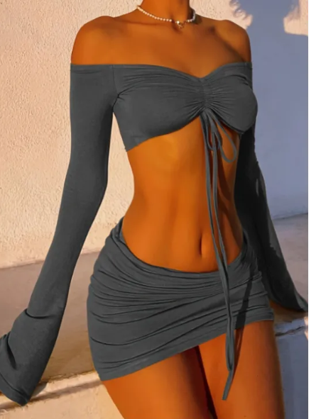 Drawstring Drop Ruched Off Shoulder Two-piece