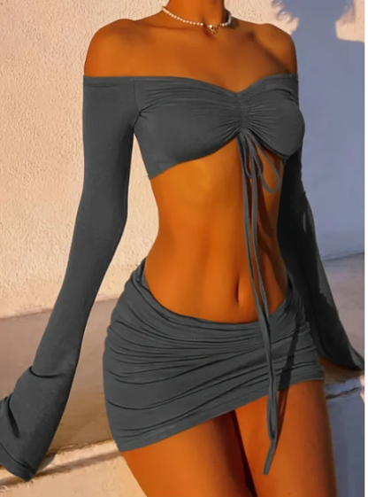 Drawstring Drop Ruched Off Shoulder Two-piece