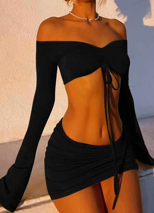 Drawstring Drop Ruched Off Shoulder Two-piece
