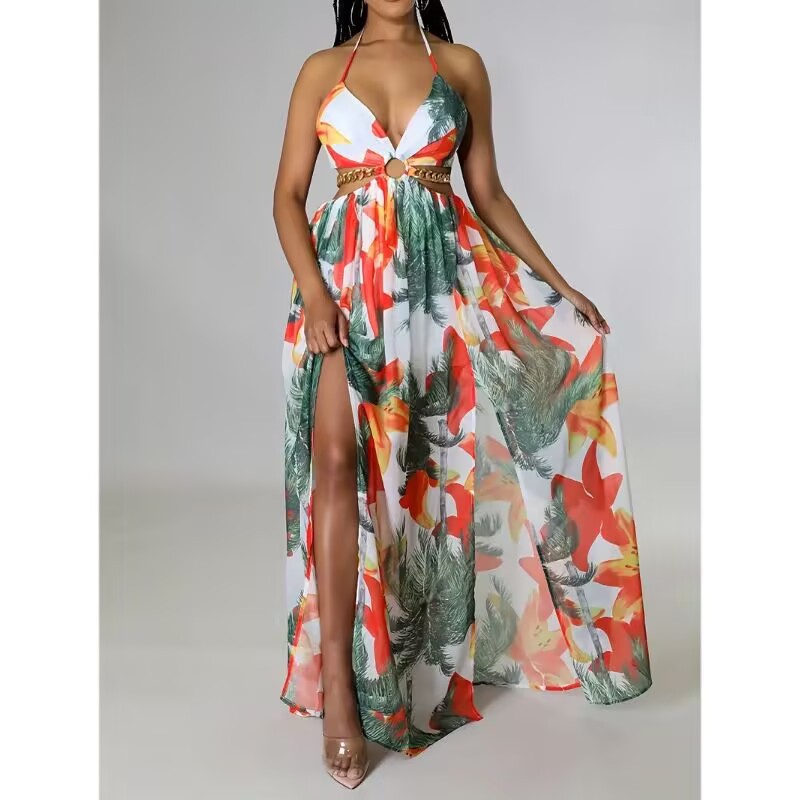 Floral Print Halter V-neck Backless