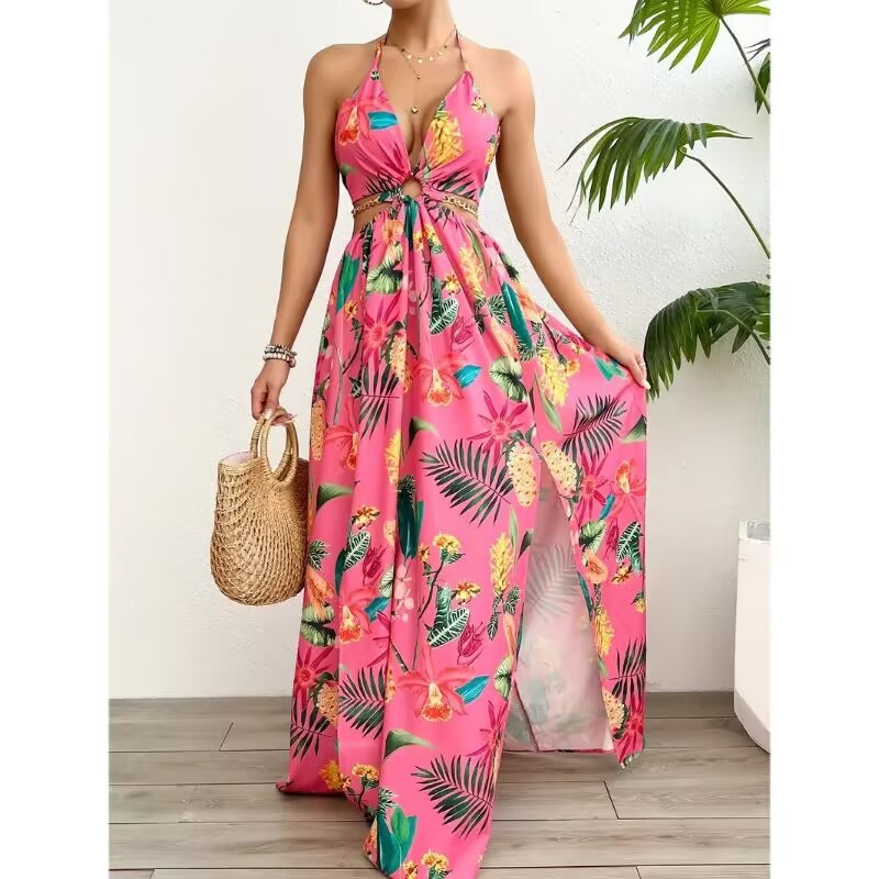 Floral Print Halter V-neck Backless