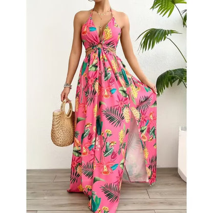 Floral Print Halter V-neck Backless