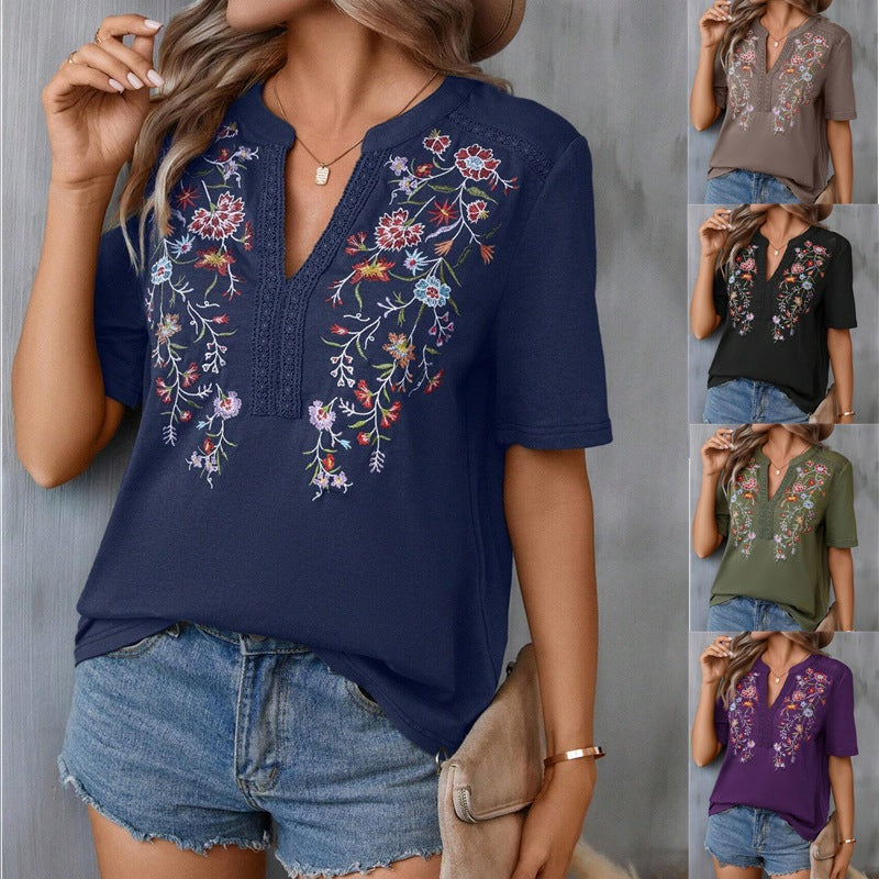 Flowers Embroidery Short Sleeve