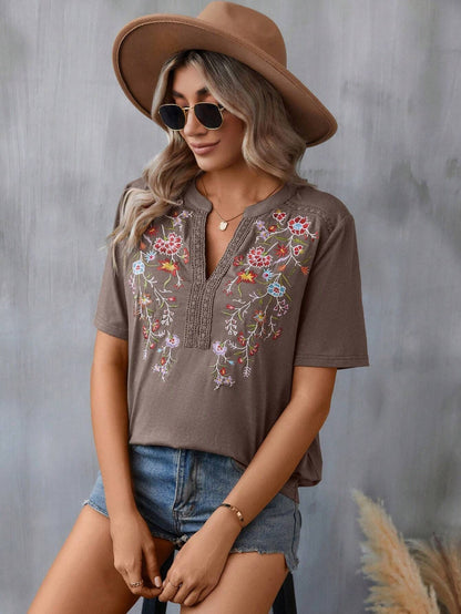 Flowers Embroidery Short Sleeve