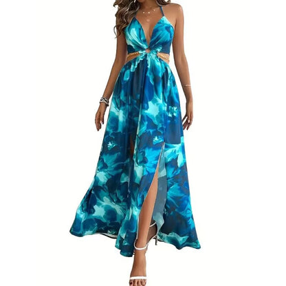 Floral Print Halter V-neck Backless