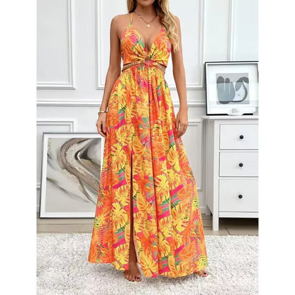 Floral Print Halter V-neck Backless
