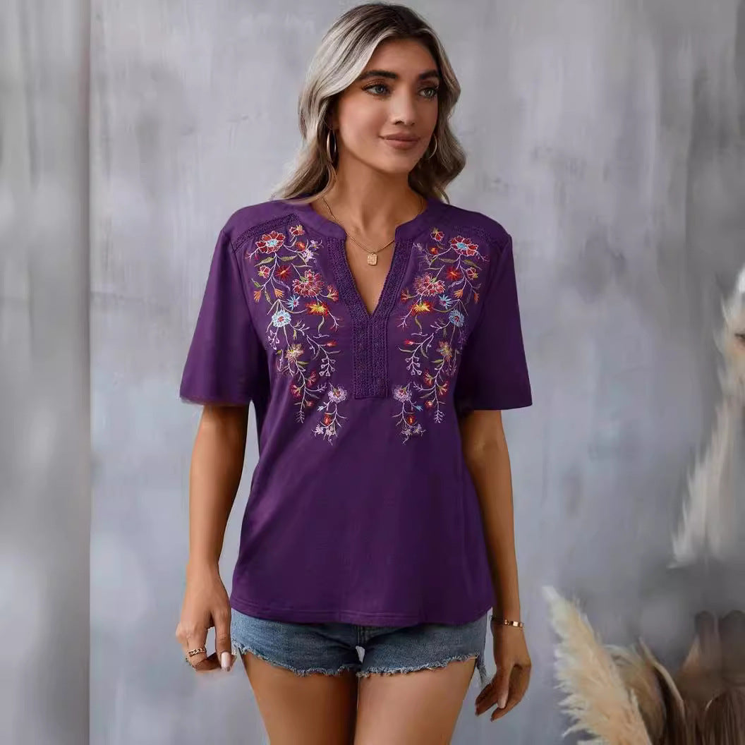 Flowers Embroidery Short Sleeve
