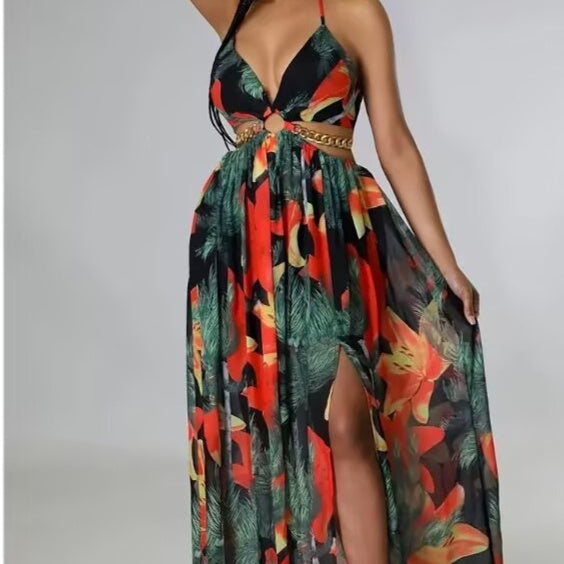Floral Print Halter V-neck Backless