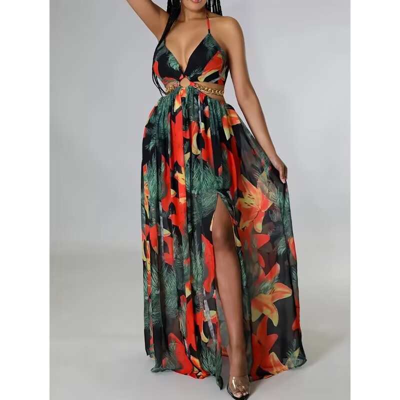 Floral Print Halter V-neck Backless