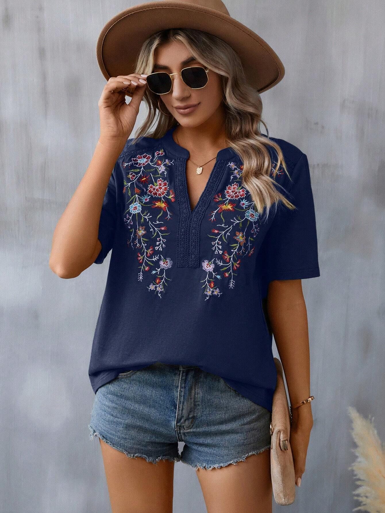 Flowers Embroidery Short Sleeve