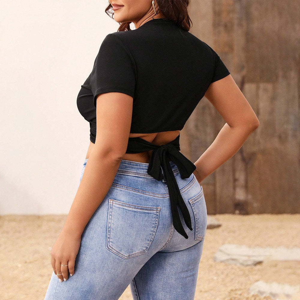 V-neck Solid Color Ultra Short Shirt