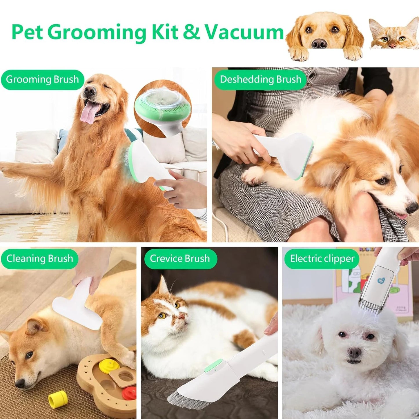 Pet Grooming Kit with 2L Vacuum Suction 99% Pet Hair, Professional Quiet Dog Grooming Vacuum Kit with 5 Grooming Tools for Pets