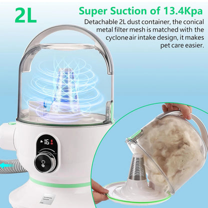 Pet Grooming Kit with 2L Vacuum Suction 99% Pet Hair, Professional Quiet Dog Grooming Vacuum Kit with 5 Grooming Tools for Pets