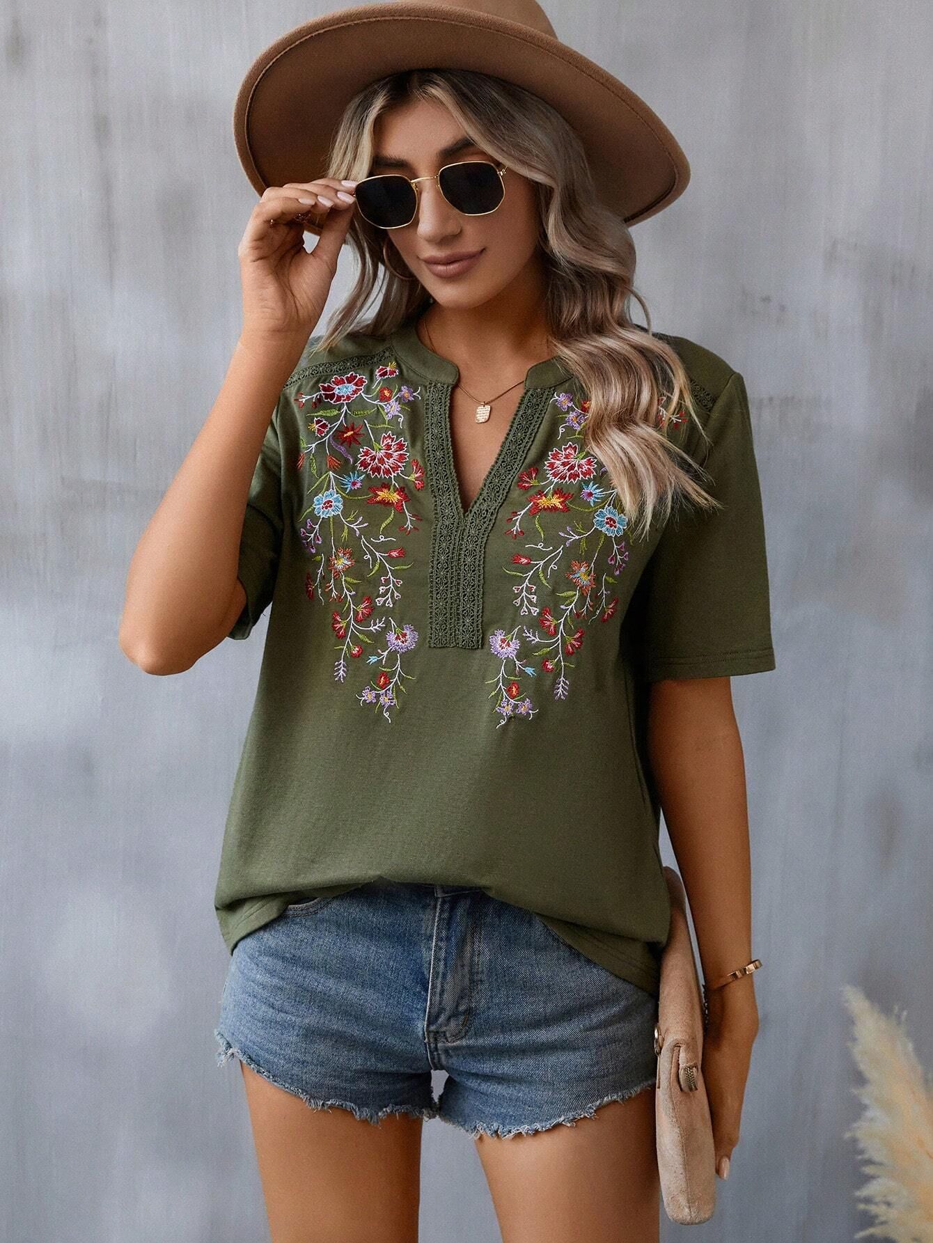Flowers Embroidery Short Sleeve