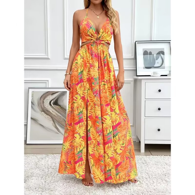 Floral Print Halter V-neck Backless