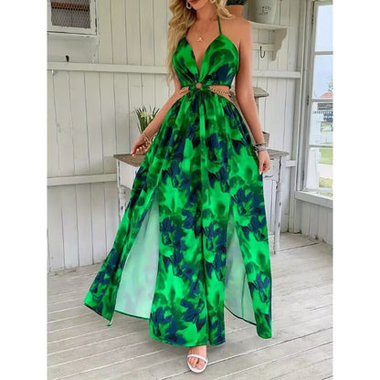 Floral Print Halter V-neck Backless