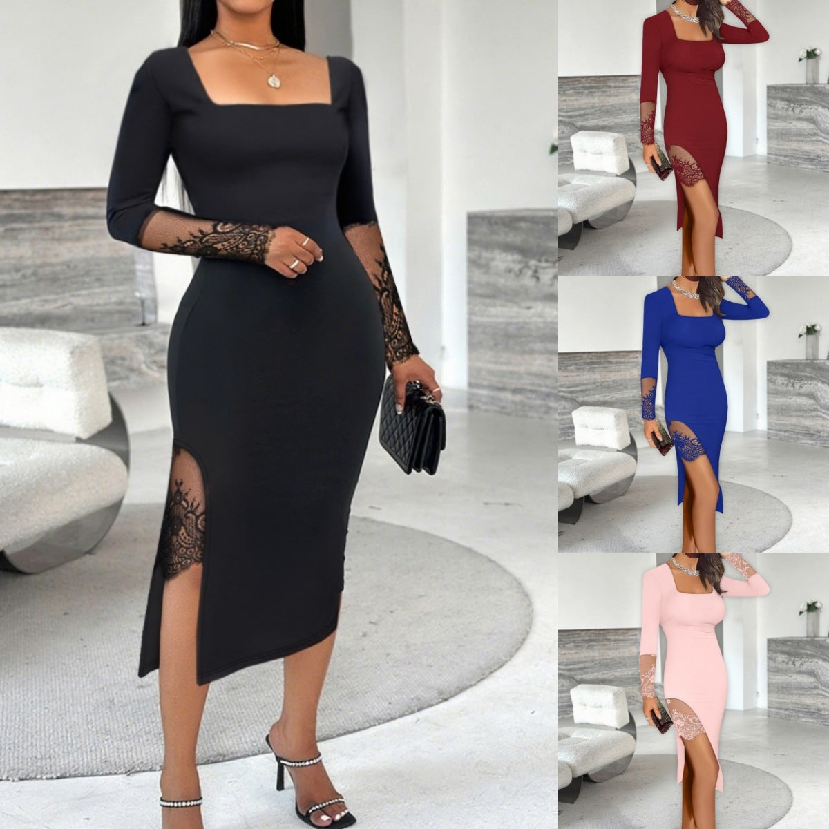 Solid Color Lace Splice Split