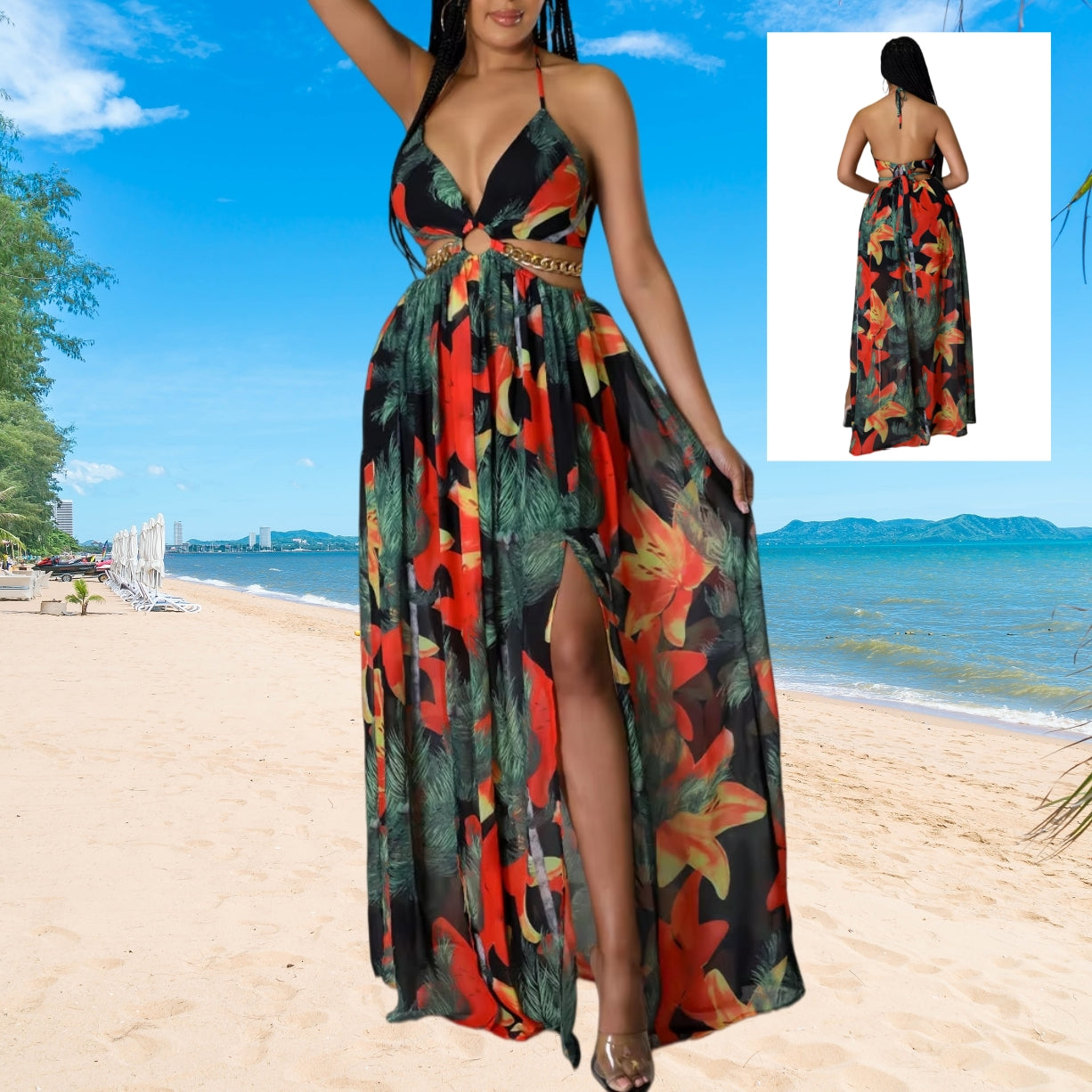 Floral Print Halter V-neck Backless