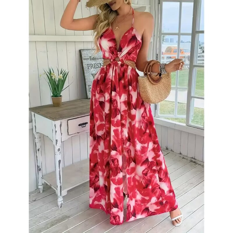 Floral Print Halter V-neck Backless